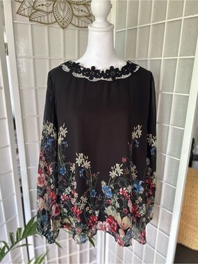SHEIN Black Floral Lace-Trim Long Sleeve Blouse-2XL